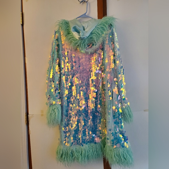 NWT XS Club Exx Dolls Kill Galactic Glamgasm Seafoam Green Sequin Faux Fur Coat - Picture 4 of 4